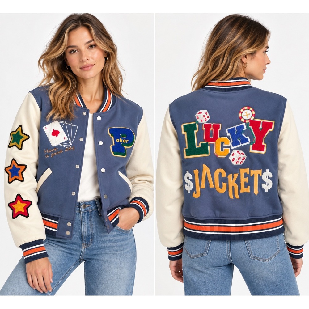 New Wave Street Culture Inflation Womens S Poker Lucky Varsity Jacket Y2K Blue